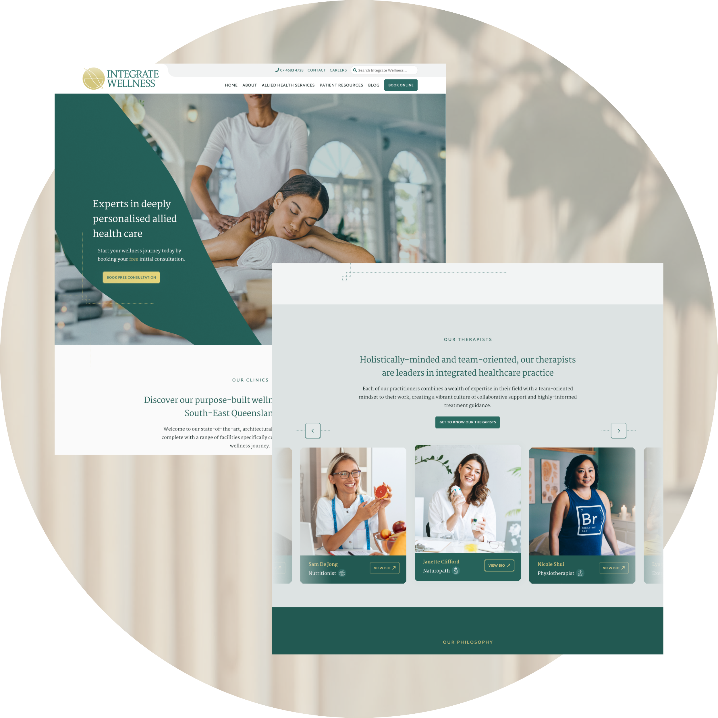 Homepage of Integrate Wellness showing a therapist giving a massage and a section featuring three therapists with names and specialties: Nutritionist, Naturopath, Physiotherapist.