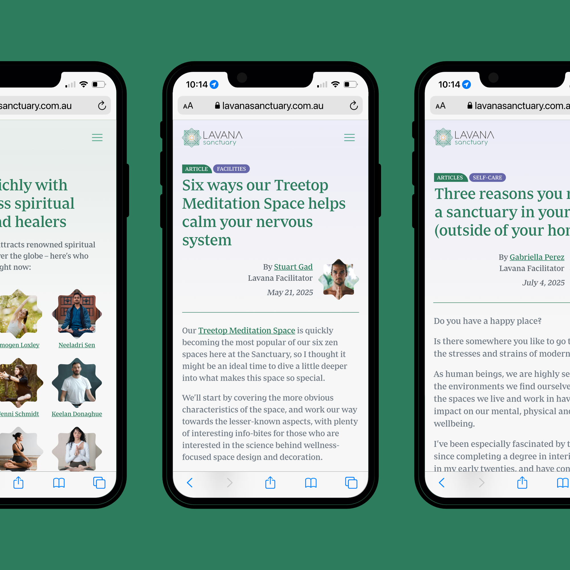 Three smartphone screens showing Lavana Sanctuary website pages: spiritual leaders and healers, Treetop Meditation Space benefits, and reasons to have a sanctuary outside home.