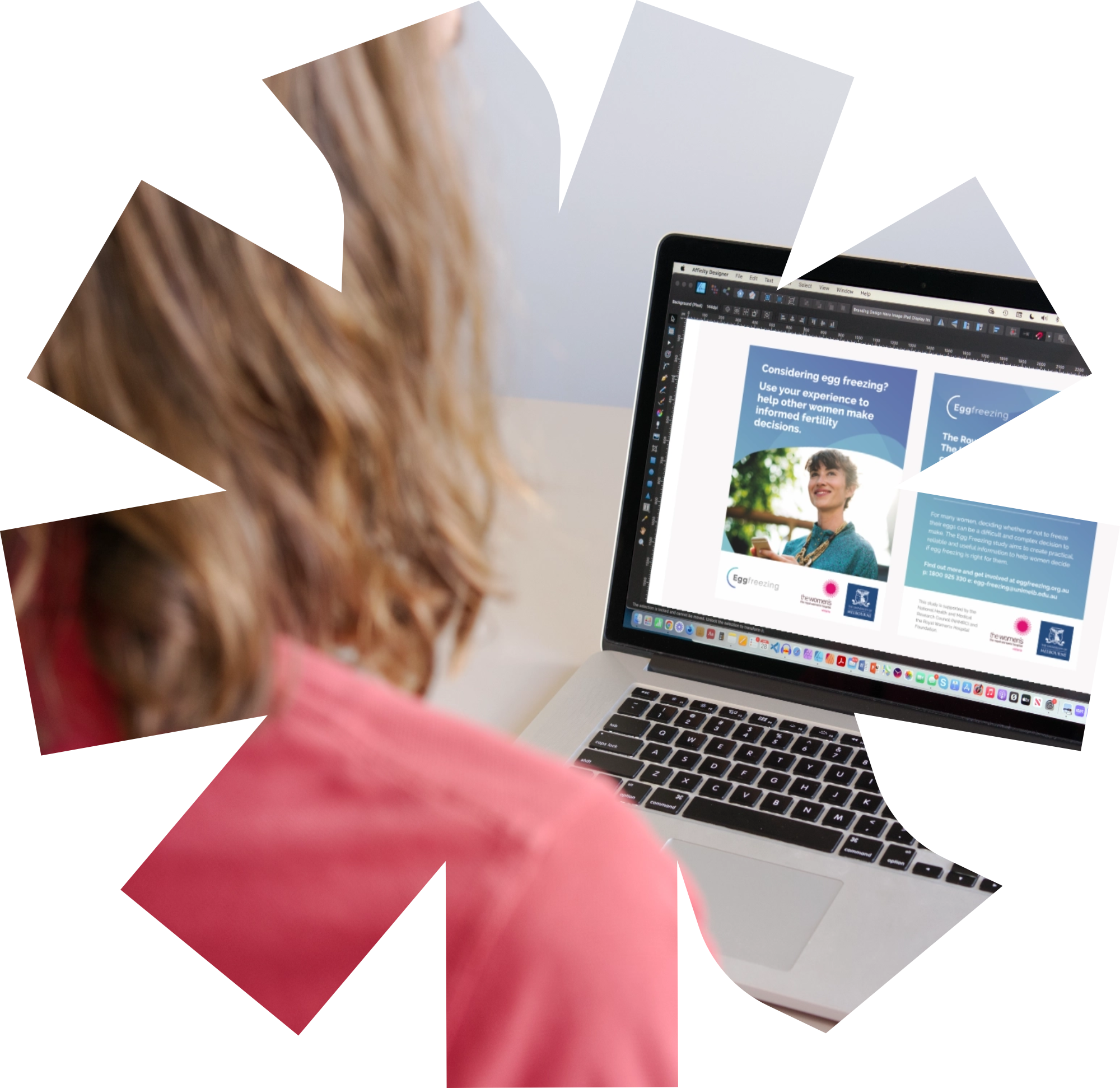 Photo of Chris working on a design project on a laptop inside a flat-edged starburst shape