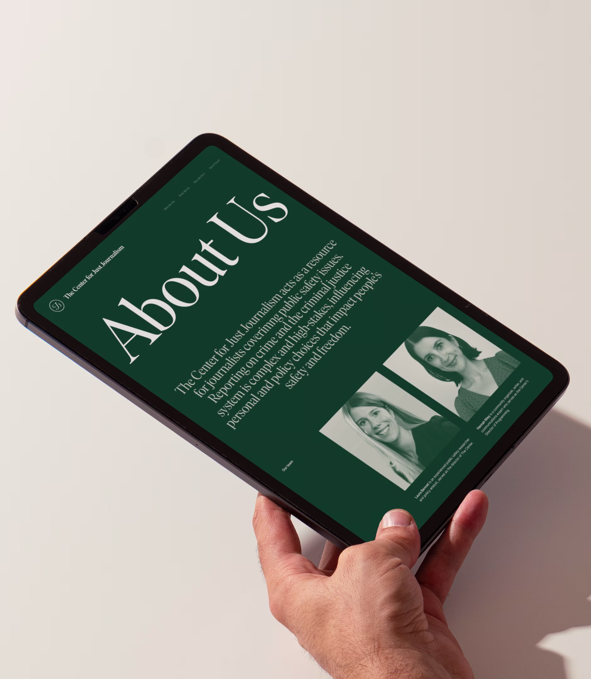 Design assets on a tablet mockup for The Center For Just Journalism