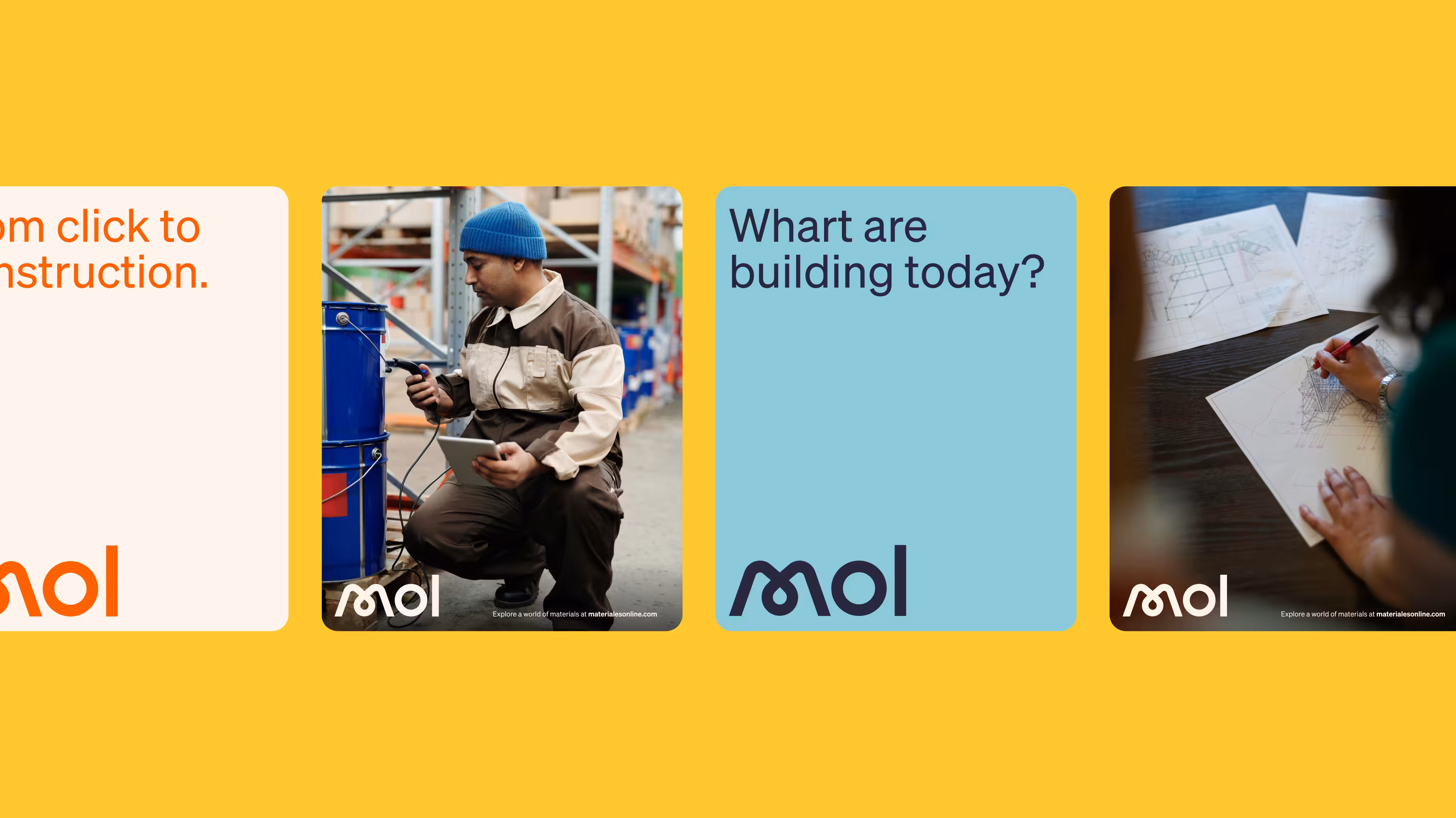 Man in workwear and blue beanie using a handheld device in a warehouse with blue barrels, next to a graphic with text 'What are building today?' and a person sketching architectural plans.