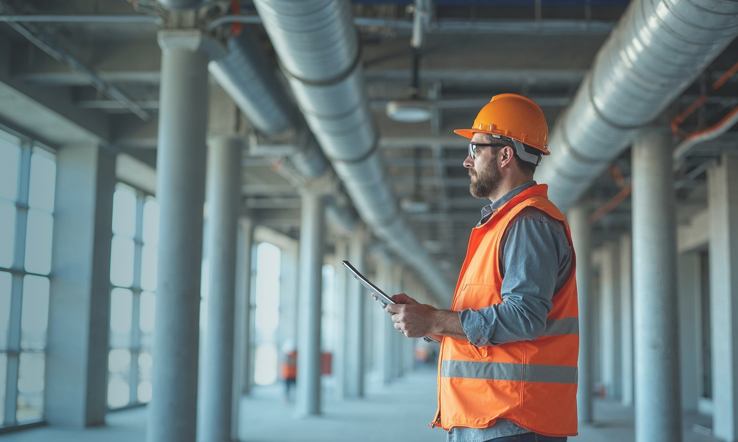 Construction worker wearing an orange safety vest and helmet, holding a tablet inside a building under construction.