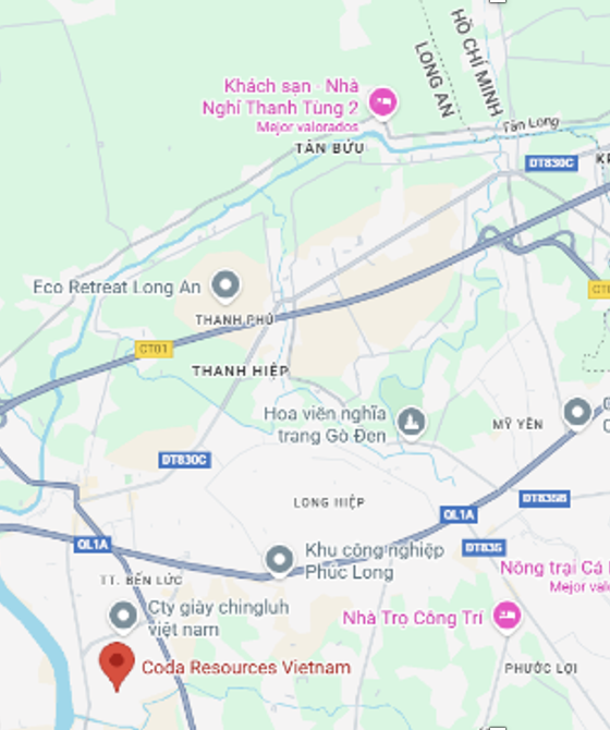 Map section showing locations in Long An, Vietnam, including Coda Resources Vietnam, Eco Retreat Long An, Thanh Phu, Thanh Hiep, and major roads labeled with CT01, DT830C, and QL1A.
