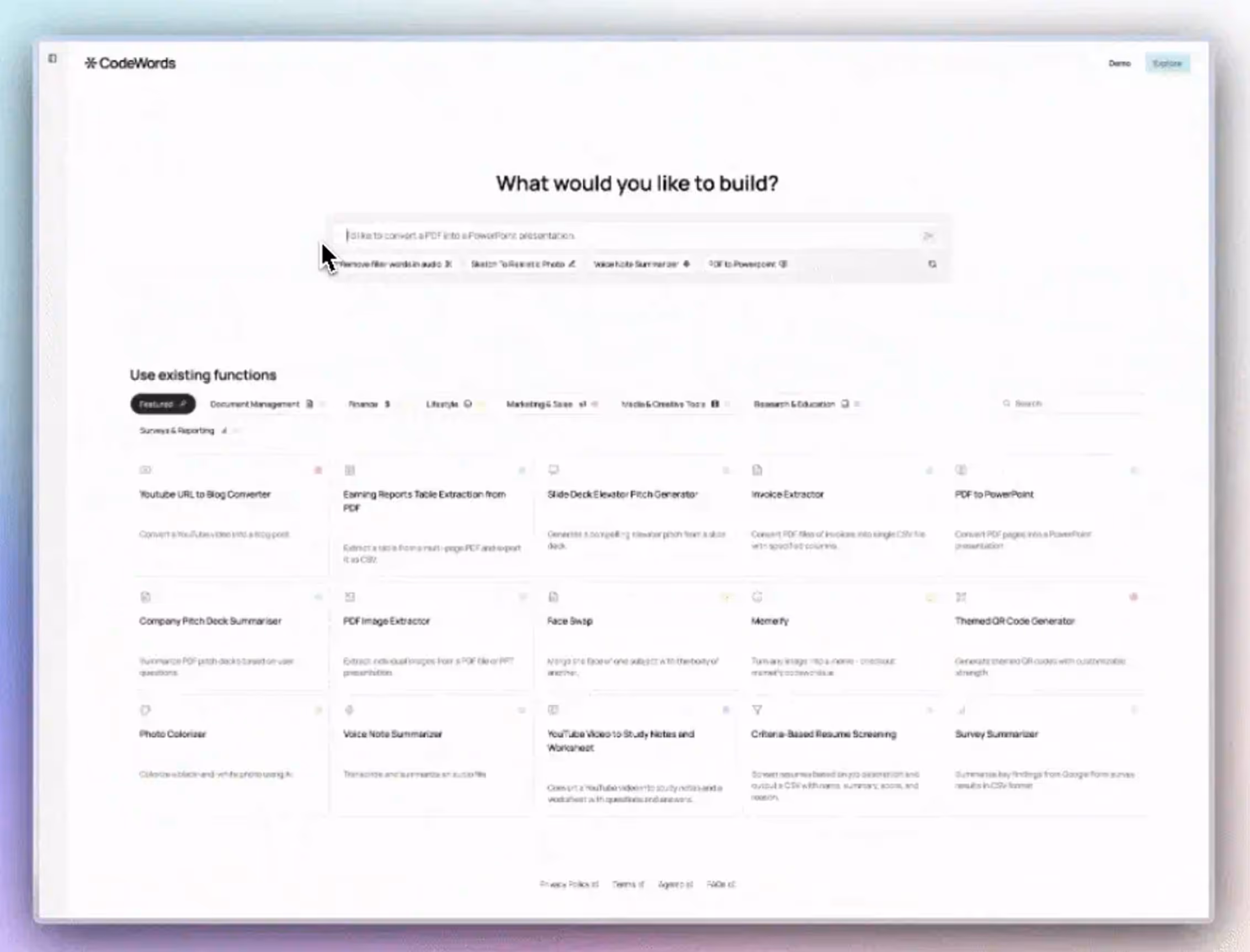 CodeWords platform interface showing a search bar with the query 'I like to convert a PDF into a PowerPoint presentation' and a grid of existing AI functions like PDF to PowerPoint, Invoice Extractor, Face Swap, and Survey Summarizer.
