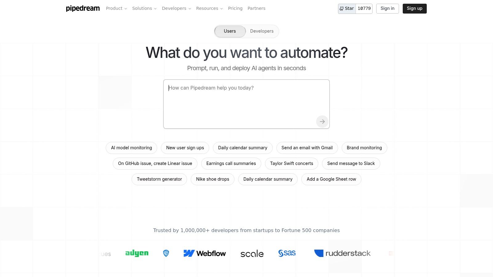 Pipedream's code-centric workflow builder showing a multi-language step