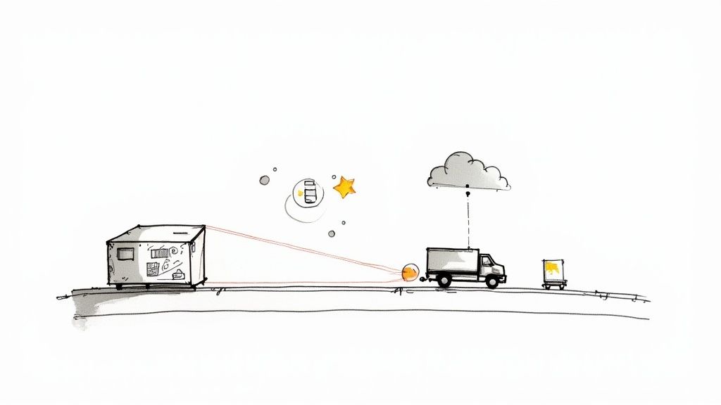 Order Processing and Fulfillment Automation illustrated with a simple diagram of boxes moving along a path.