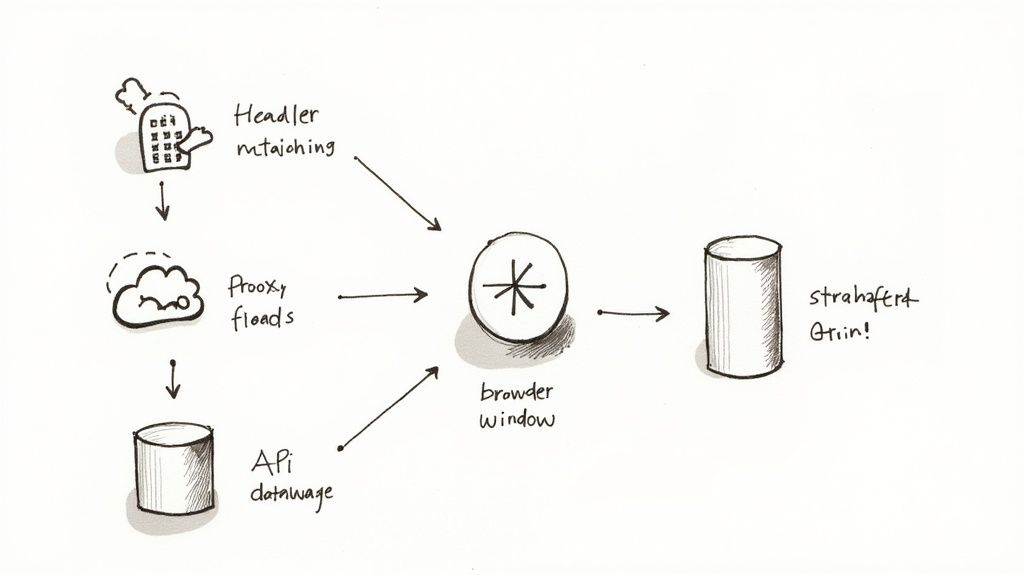 A minimalist geometric visual representing the various tools and technologies used for modern data extraction, including APIs, cloud infrastructure, and databases.