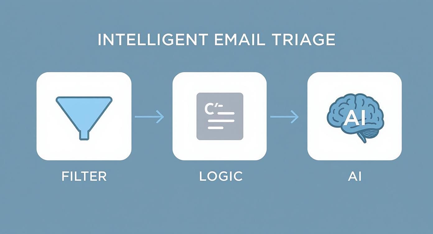An infographic showing how to automate emails in gmail with a multi-layered triage system.