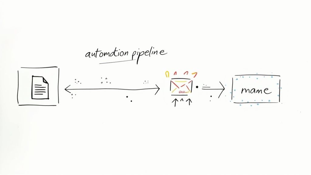 A minimalist diagram showing apps like Google Sheets and Slack connecting to a central automation hub.