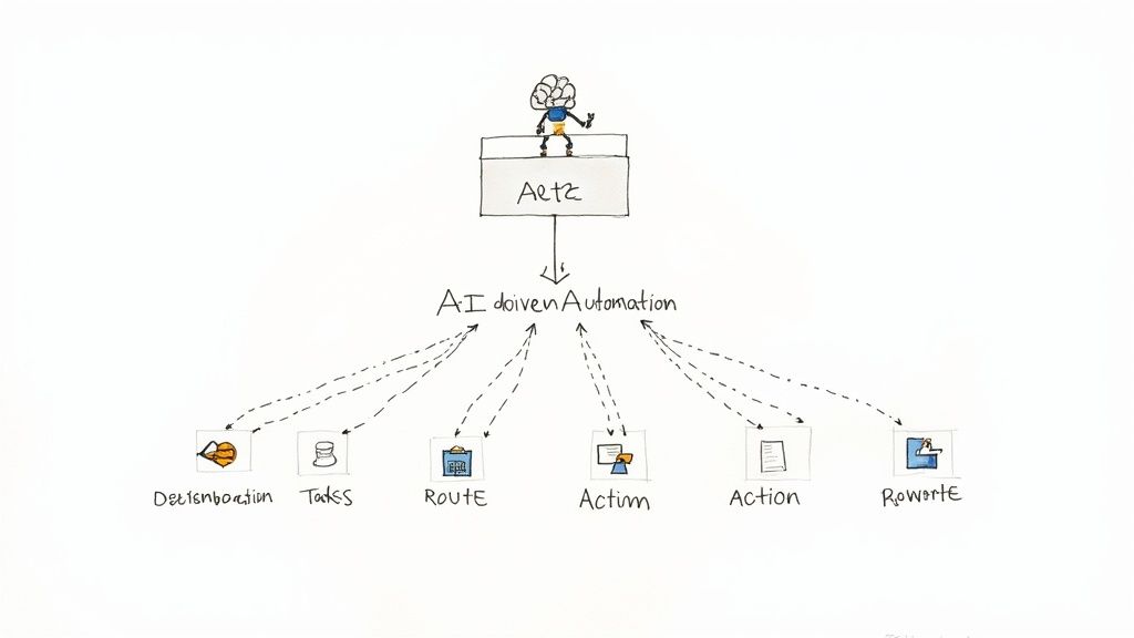 A minimalist geometric illustration showing a central node branching out into multiple intelligent pathways, representing an API integration platform orchestrating AI-driven automation.