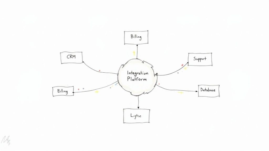 A minimalist geometric illustration of interconnected nodes, representing how an API integration platform connects different applications.