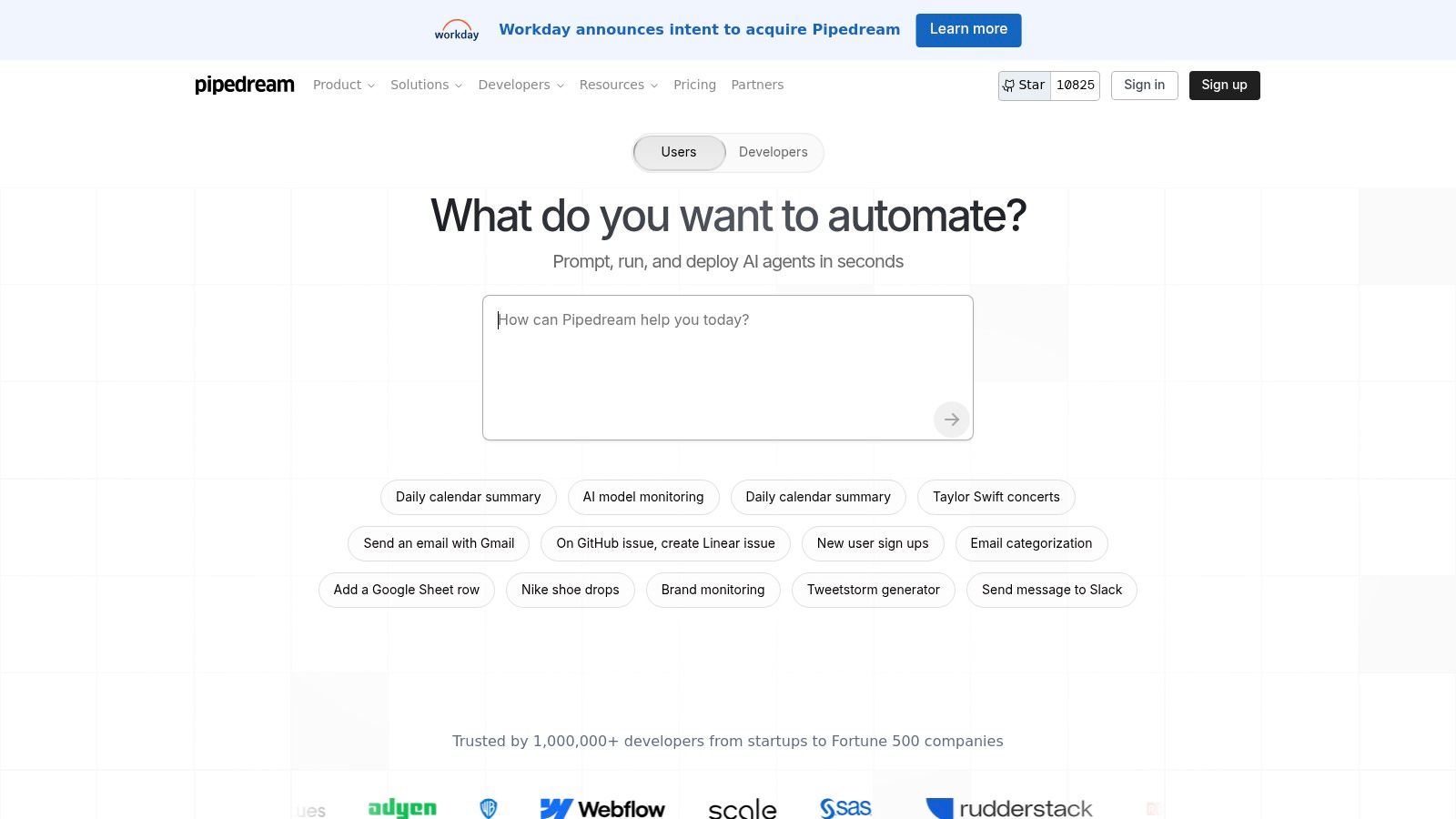 A screenshot of the Pipedream workflow builder showing a mix of pre-built app steps and custom code blocks.