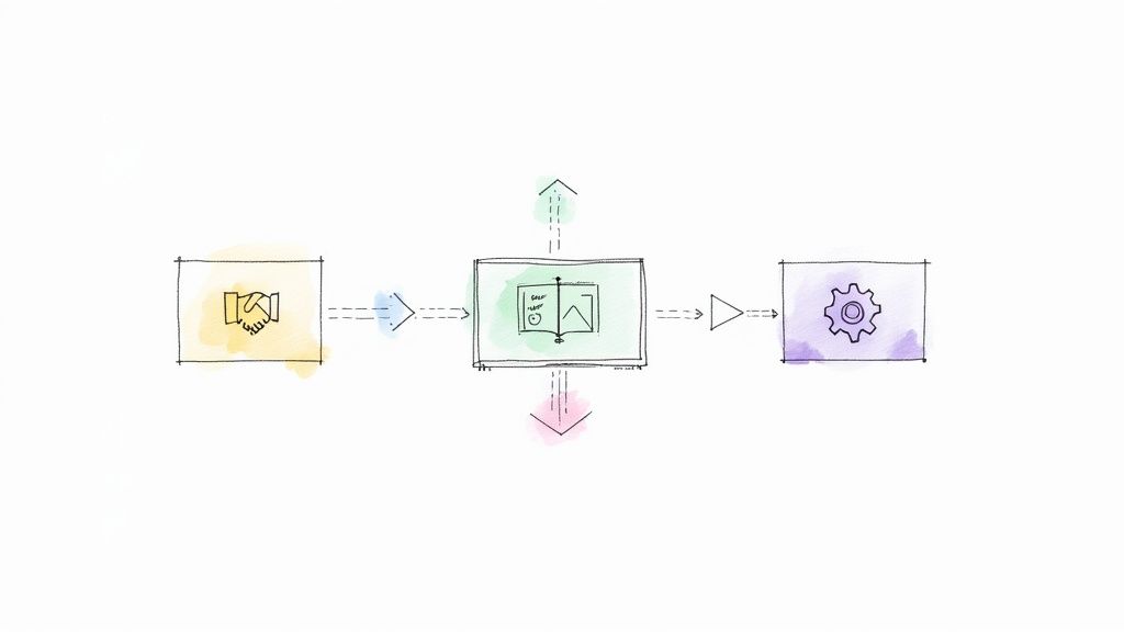 Hand-drawn watercolor diagram illustrating a business process from collaboration through documentation to automation.
