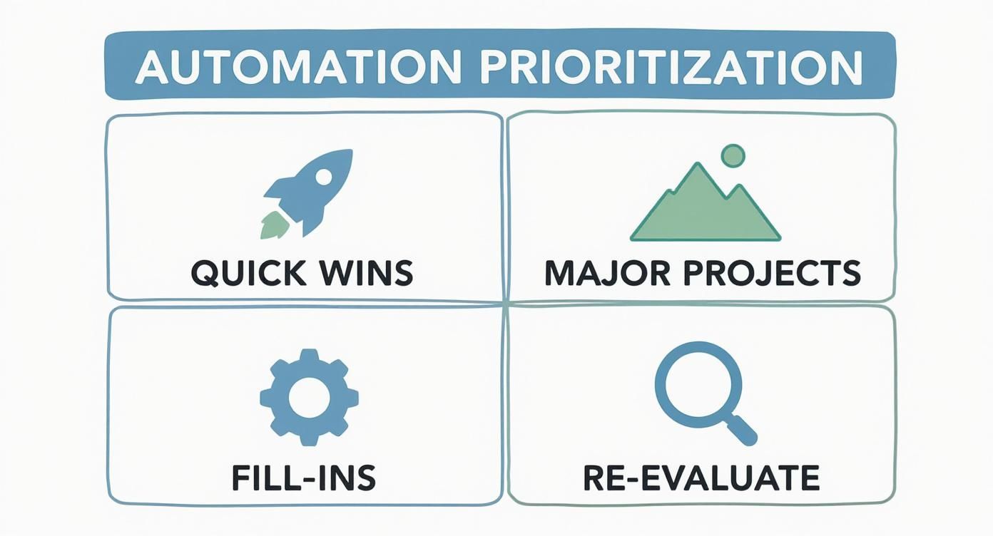An automation prioritization matrix with categories for quick wins, major projects, fill-ins, and re-evaluation.