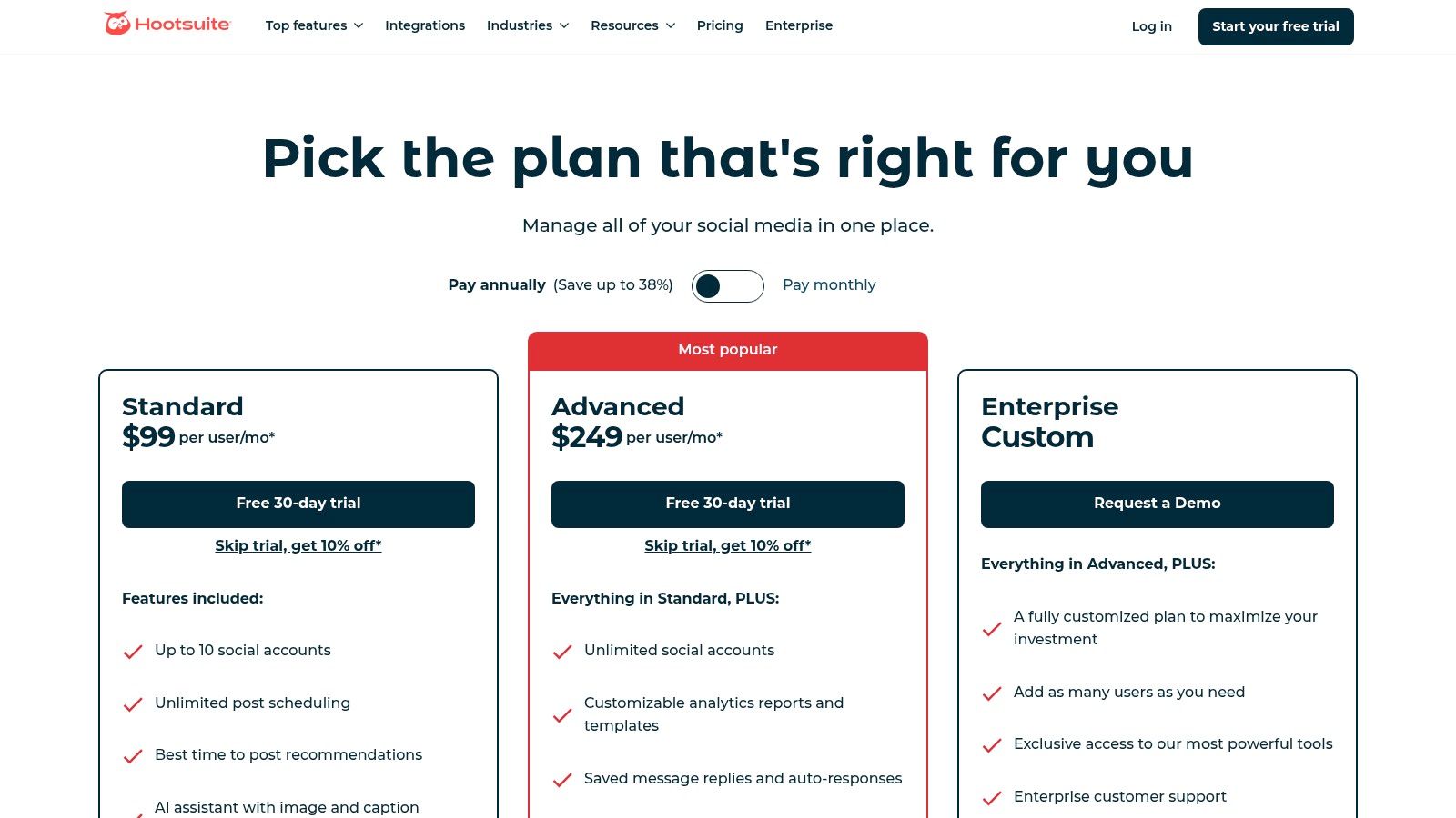 Hootsuite pricing plans showing Professional and Team tiers