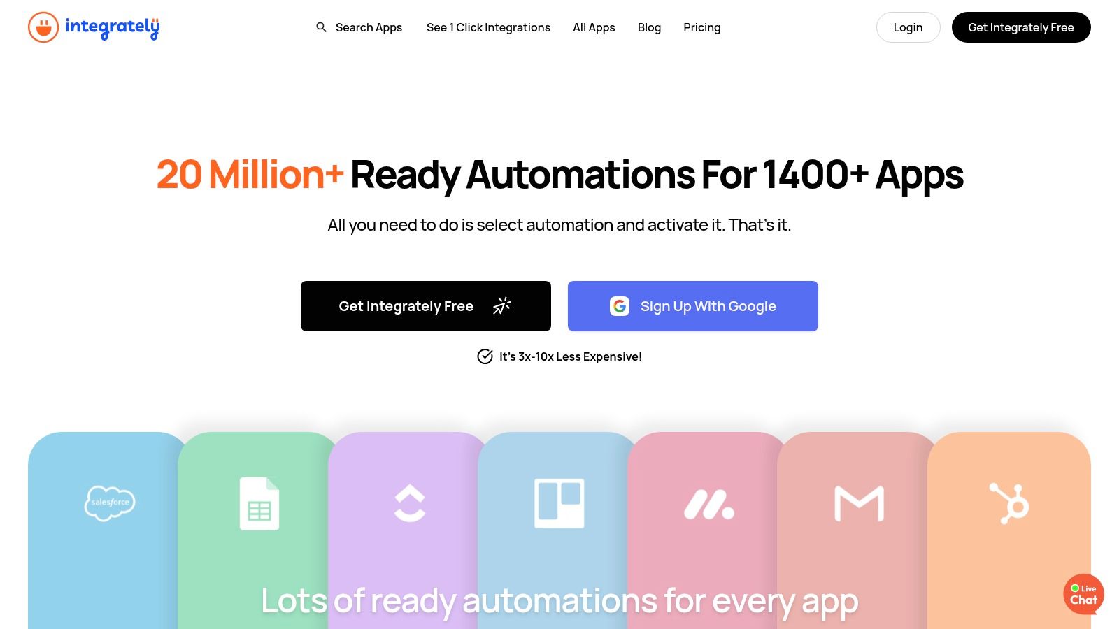 The Integrately dashboard showing available app integrations for creating automations.