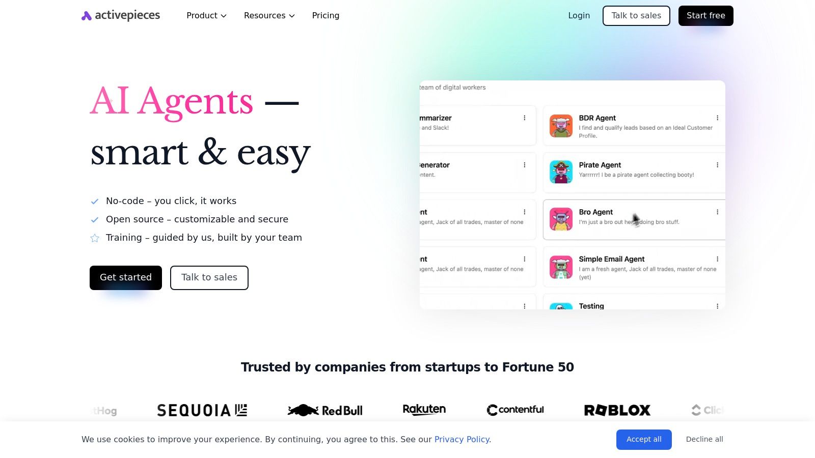 The Activepieces interface showing AI agents for building workflows, a key feature for this n8n alternative.