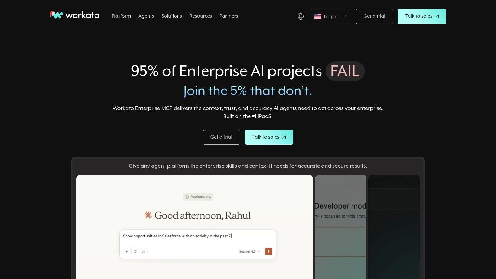 The Workato website homepage, showcasing its enterprise-focused automation platform.
