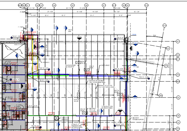 Marked-up structural framing plan showing steel takeoff annotations