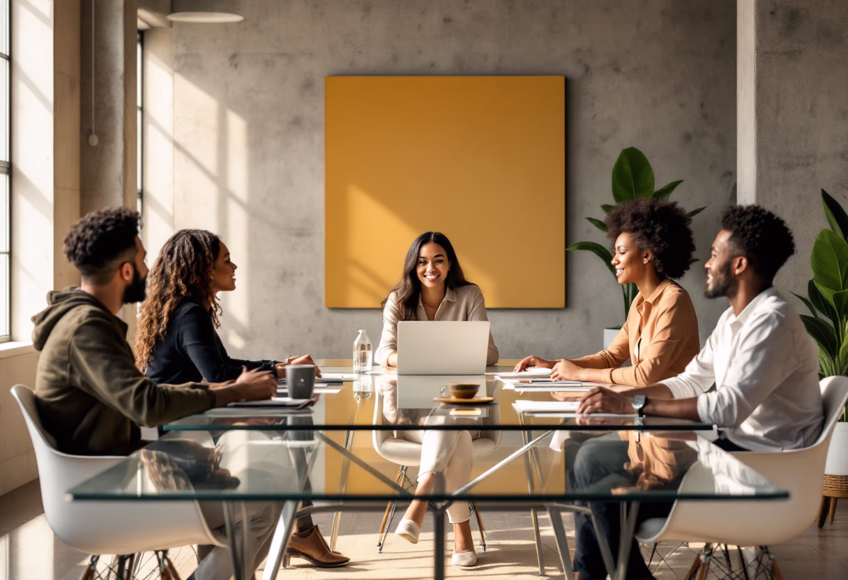 [interface] image of a group discussing in an office (for a legal tech)