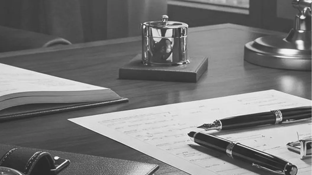 A desk with a pen and a notebook on it.