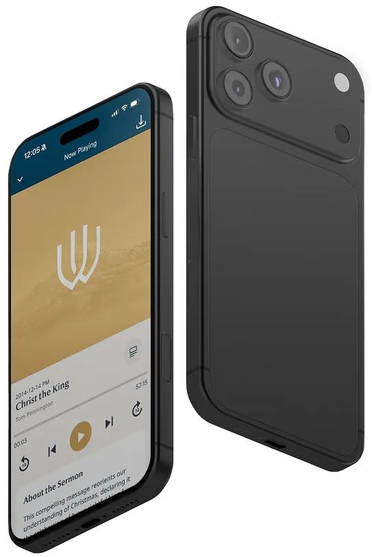 Two black smartphones with one showing a sermon audio app titled 'Christ the King' playing by Tom Pennington, and the other showing the back with triple camera lenses.