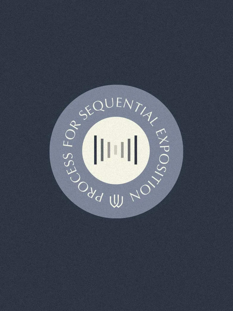 Circular emblem with vertical bars in the center and the text 'PROCESS FOR SEQUENTIAL EXPOSITION' around it on a dark background.