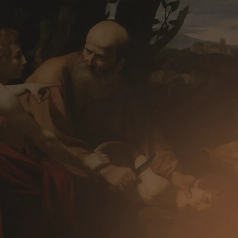 Classical painting showing an older man holding a knife over a boy, with a younger figure intervening.