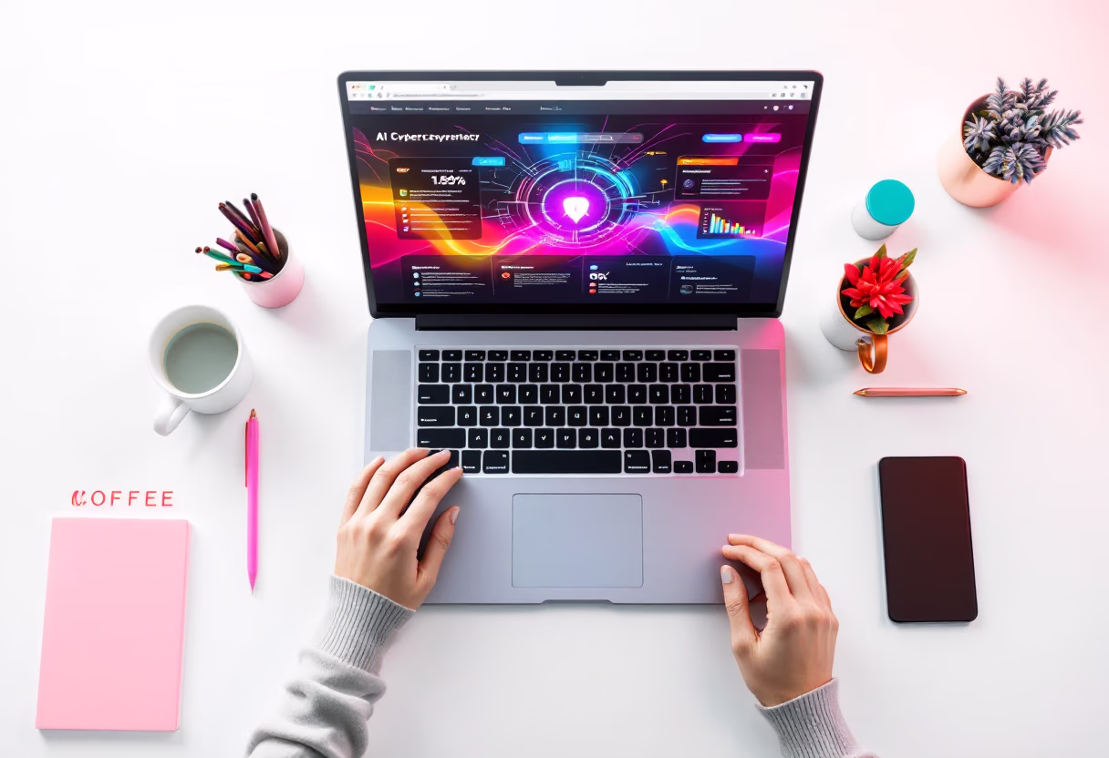 [background image] topdown photo of a desk with a laptop and a coffee cup (for an ai cybersecurity company)