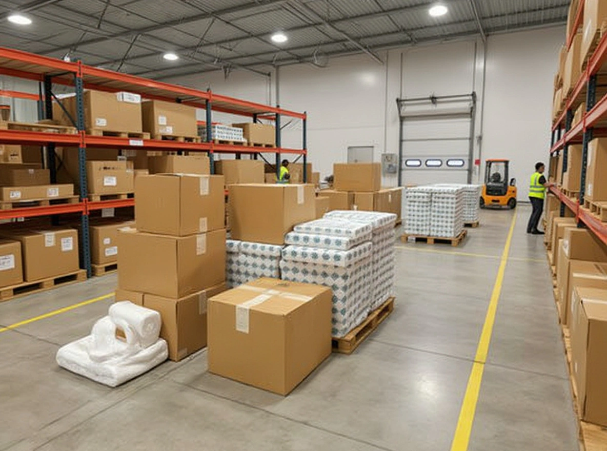 Shipping and logistics center with boxes and protective packaging materials for safe transport#1.3