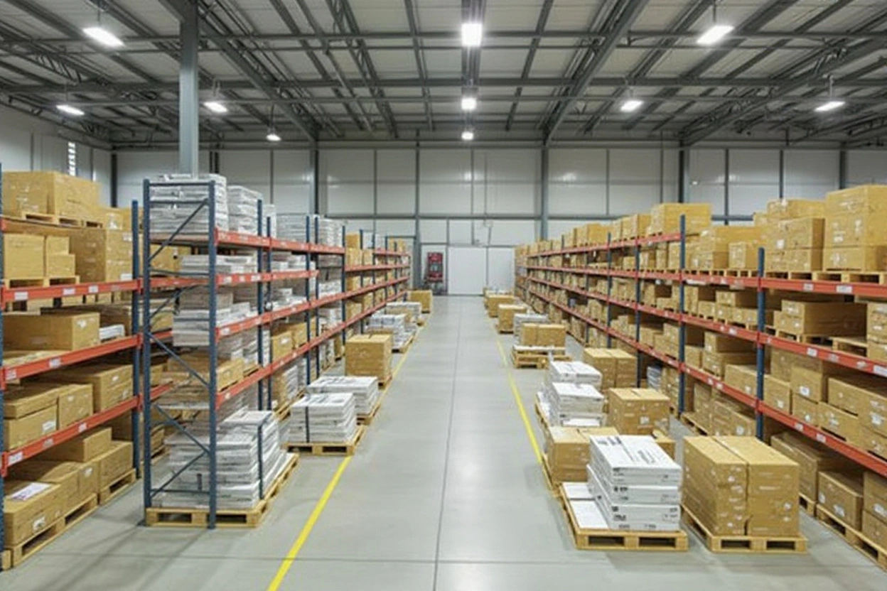 Large warehouse facility with extensive packaging product inventory organized for immediate shipping#1.5