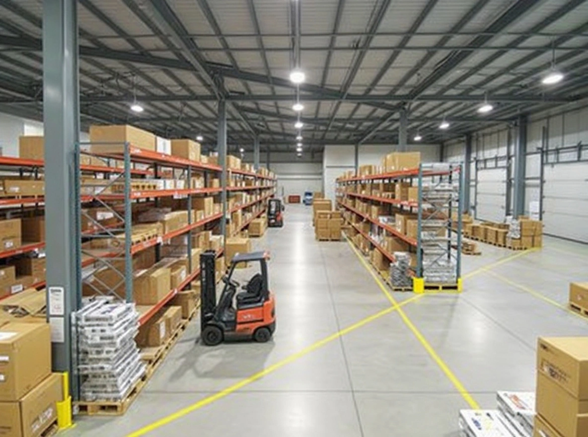 Distribution warehouse with organized inventory and packaging supplies for streamlined operations#1.3