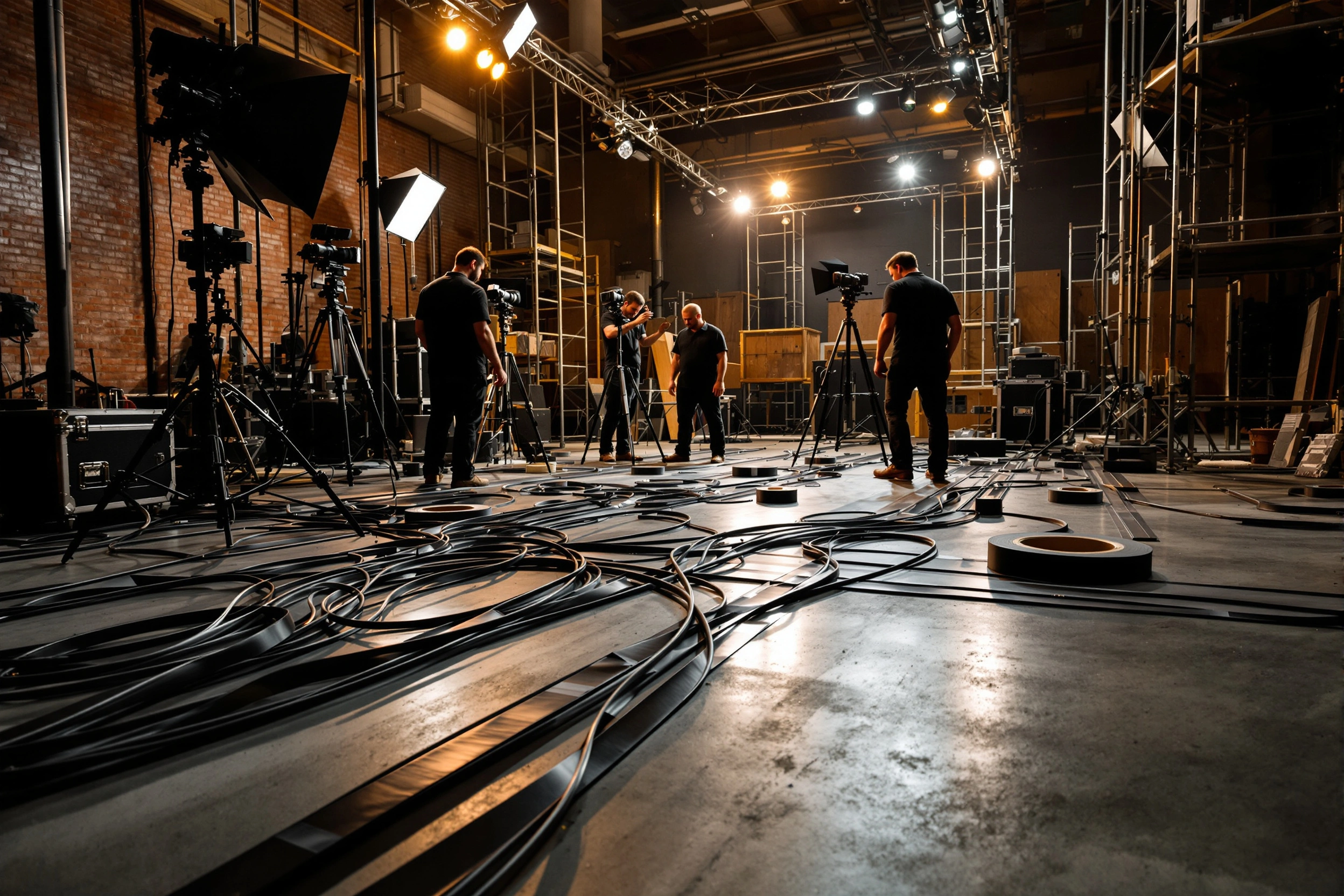 Arts and entertainment professionals using gaffers tape for cable management and staging#1.6