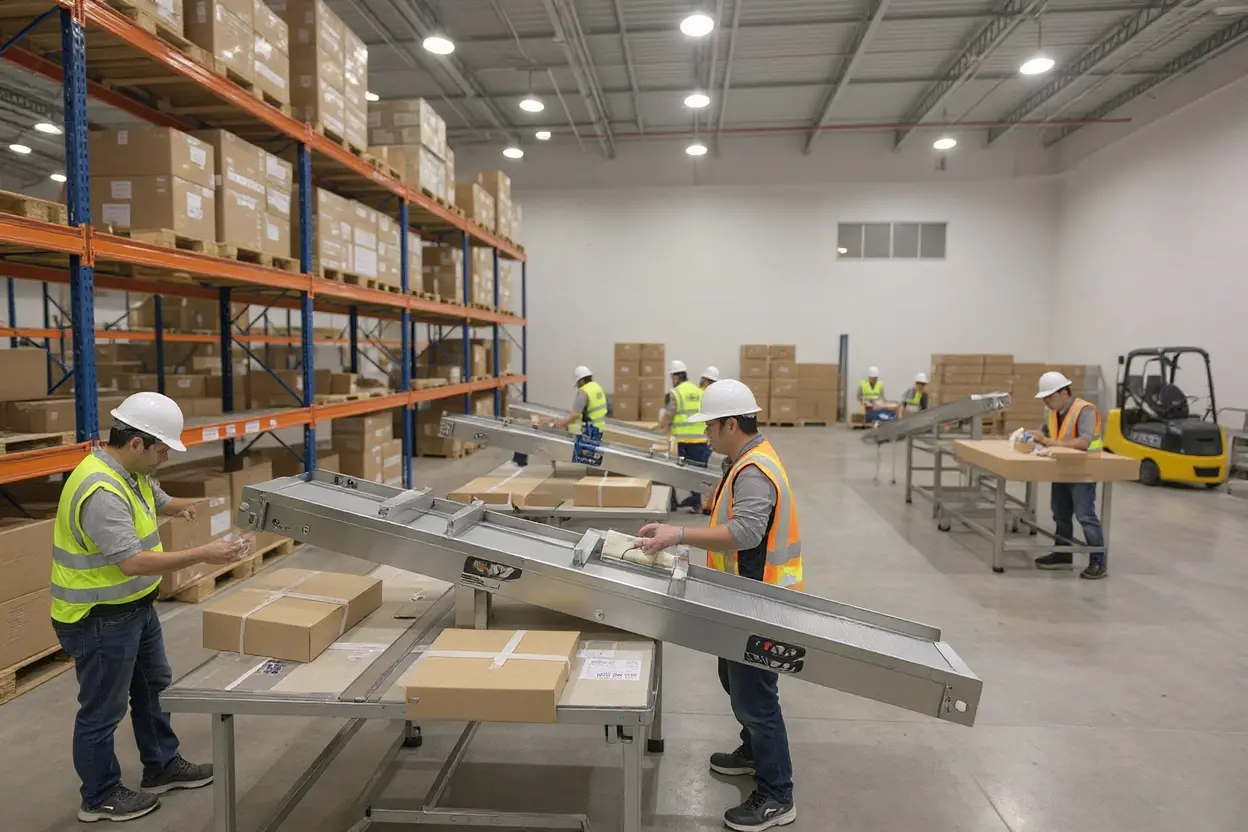 Distribution warehouse workers using duct tape for sealing and bundling packages#1.5