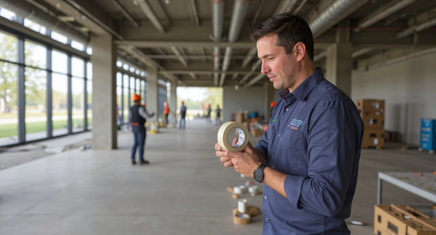 Professional contractors using masking tape for construction and repair work in commercial building environment#16:9