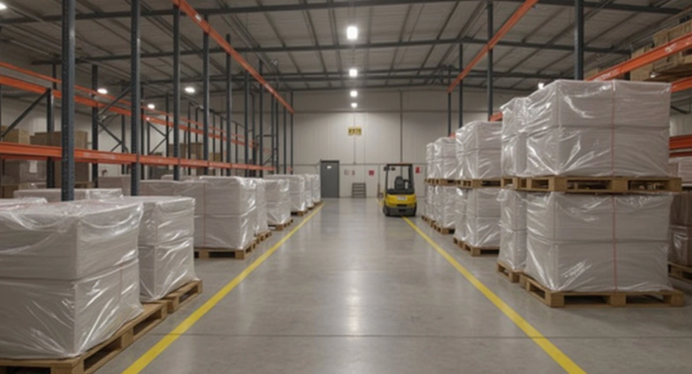 Warehousing operations with palletized goods secured with stretch wrap and bundling films#16:9