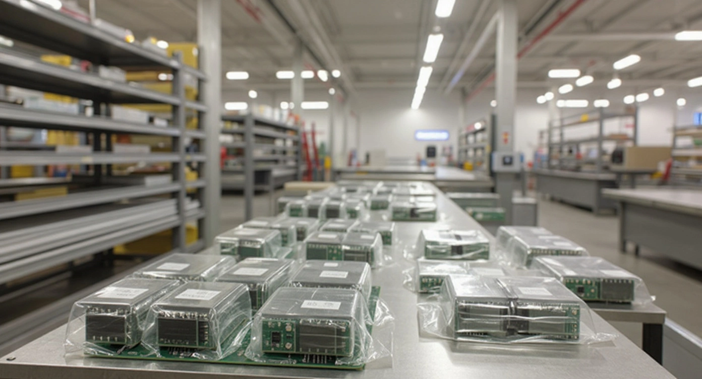 Electronic components protected with anti-static stretch wrap in industrial packaging applications#16:9