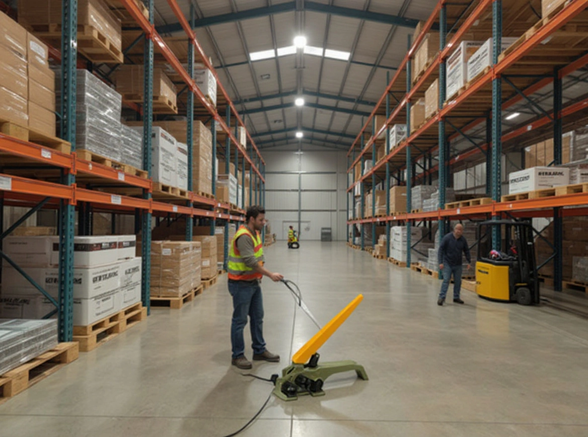 Distribution warehouse workers using portable strapping kits for efficient material handling operations#1.2