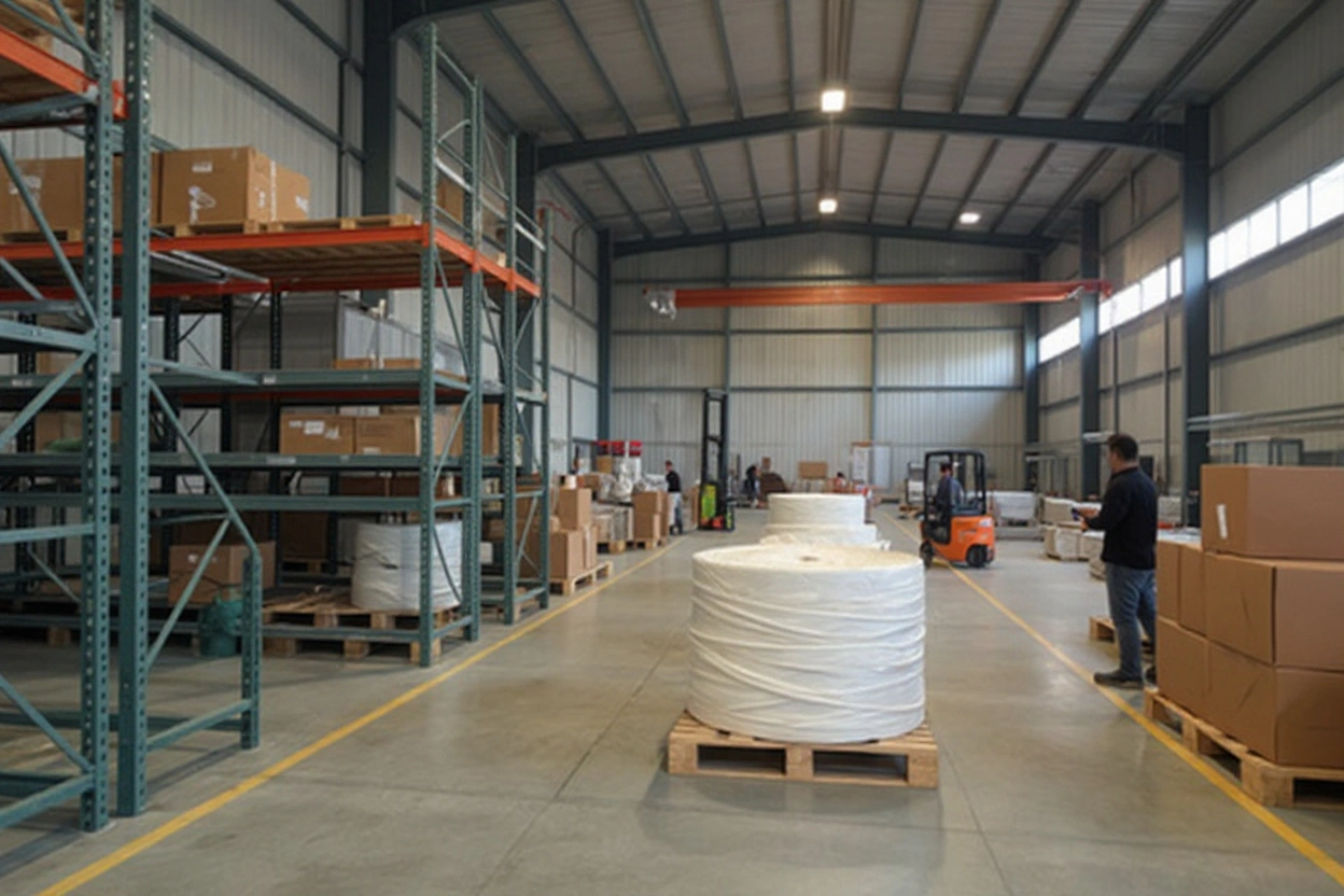Manufacturing warehouse with polyester strapping applications for secure packaging and bundling operations#1.5