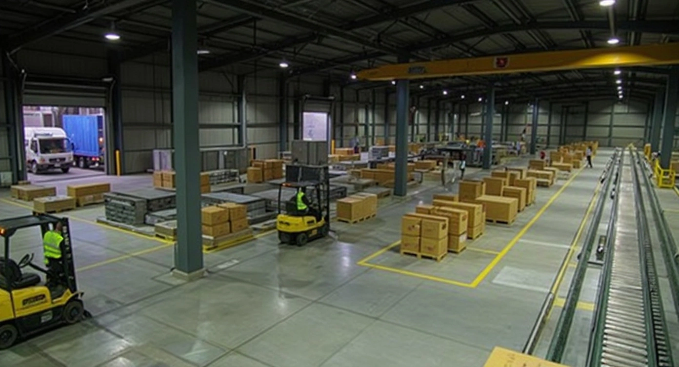 Shipping dock operations with packages, labels, and loading equipment for freight transport#1.9