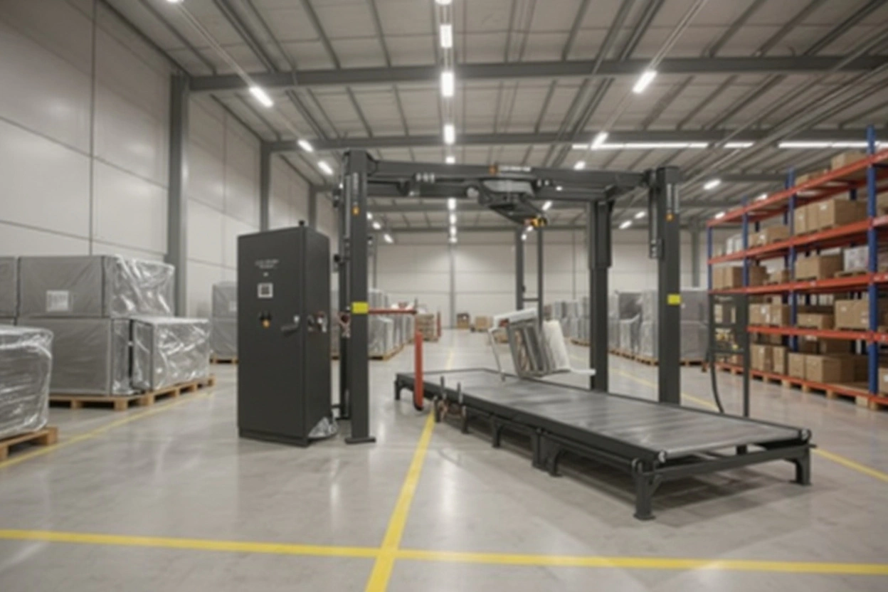 Warehousing facility with automated shrink wrapping systems protecting stored inventory#1.5