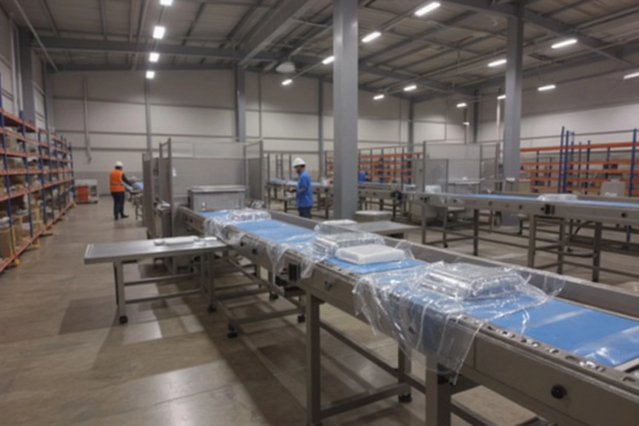Distribution centers with packaging equipment wrapping products in clear shrink film for shipping#1.5