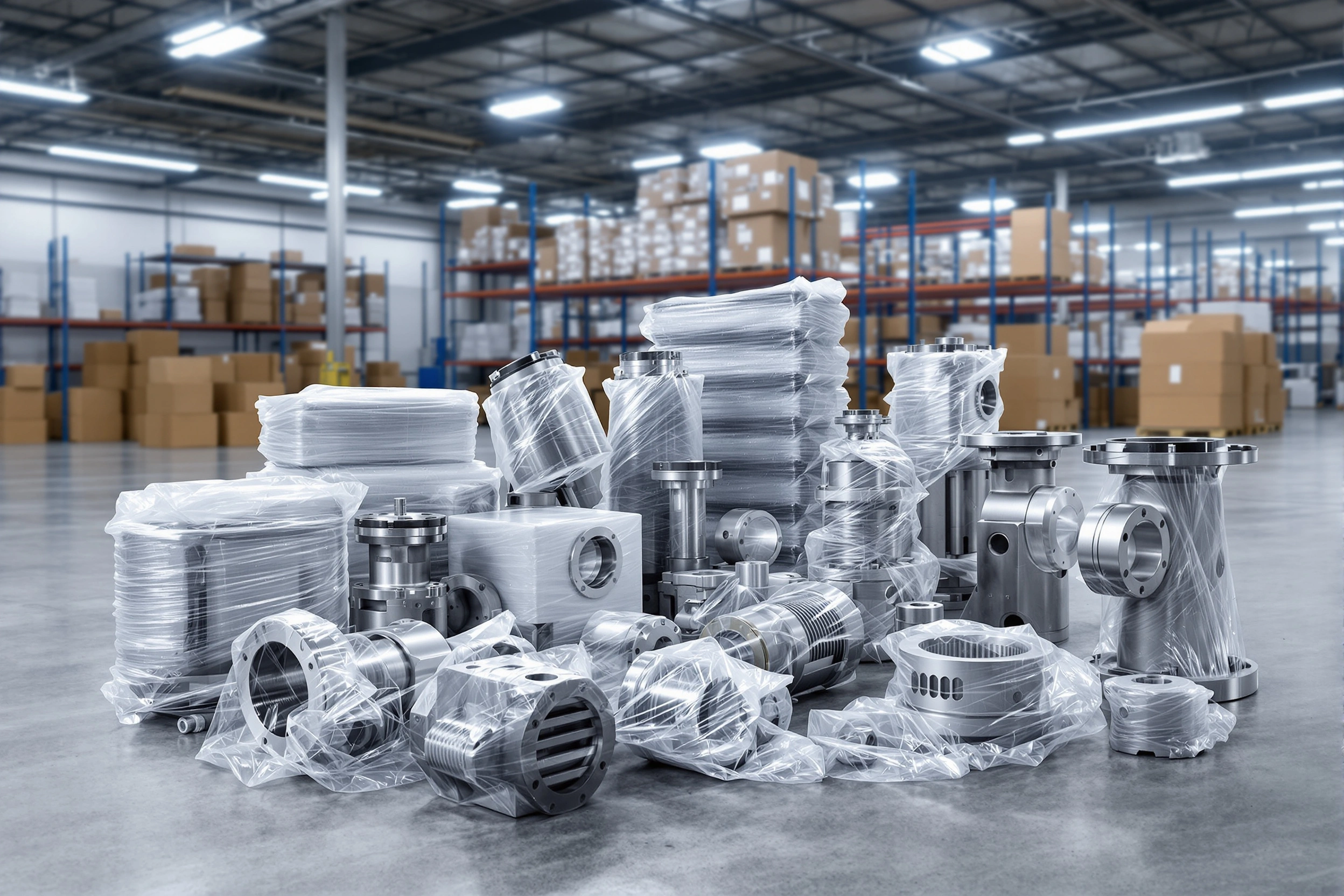 Industrial metal parts wrapped with VCI stretch film for corrosion protection during storage#1.5