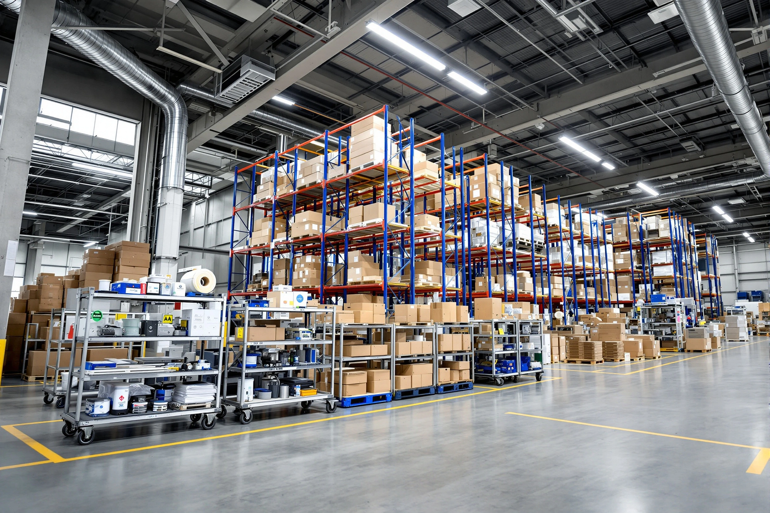 Warehousing facility with strapping carts and organized packaging supplies#1.5