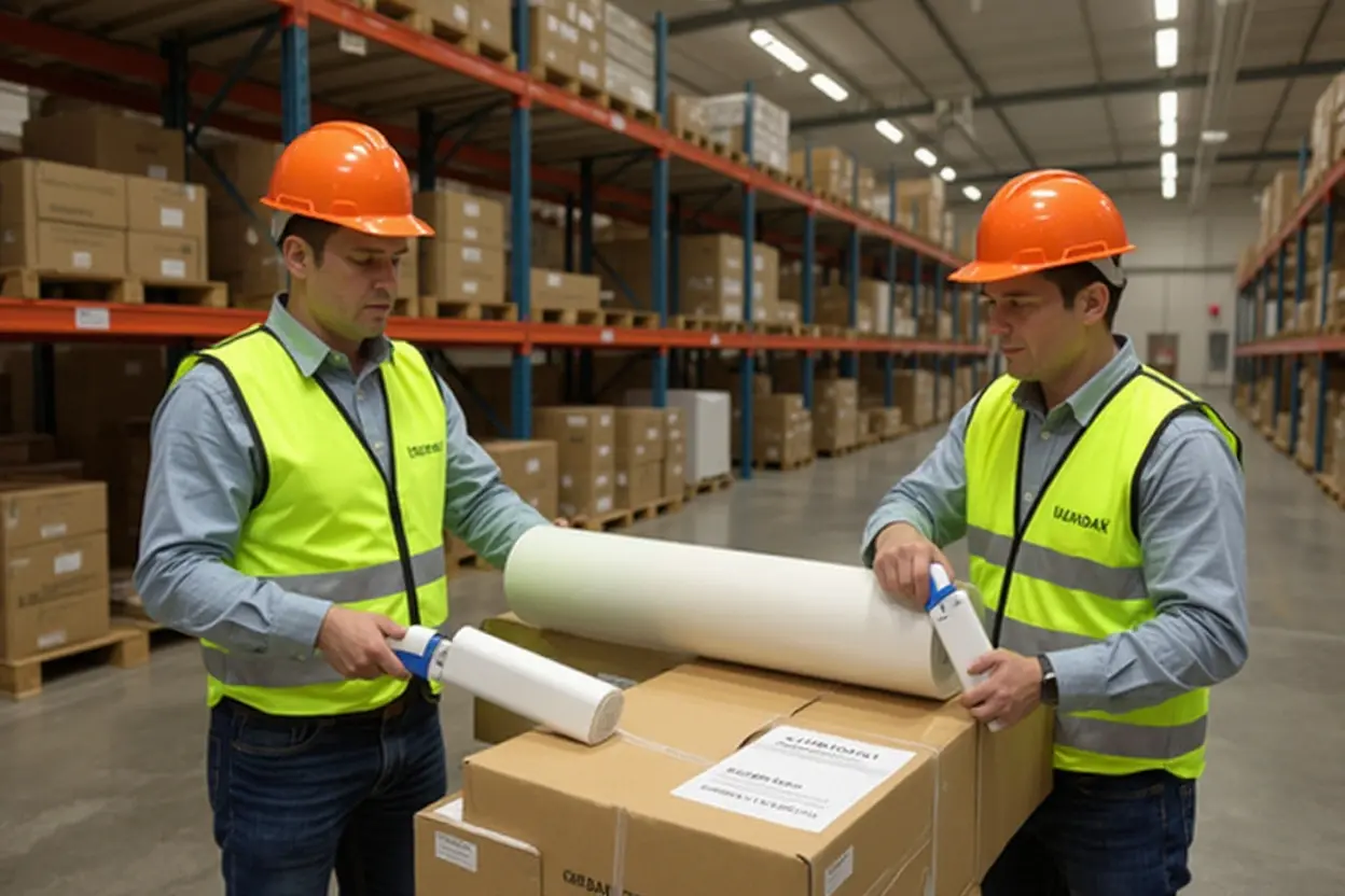 Warehouse workers using stretch film dispensers for packaging#1.4