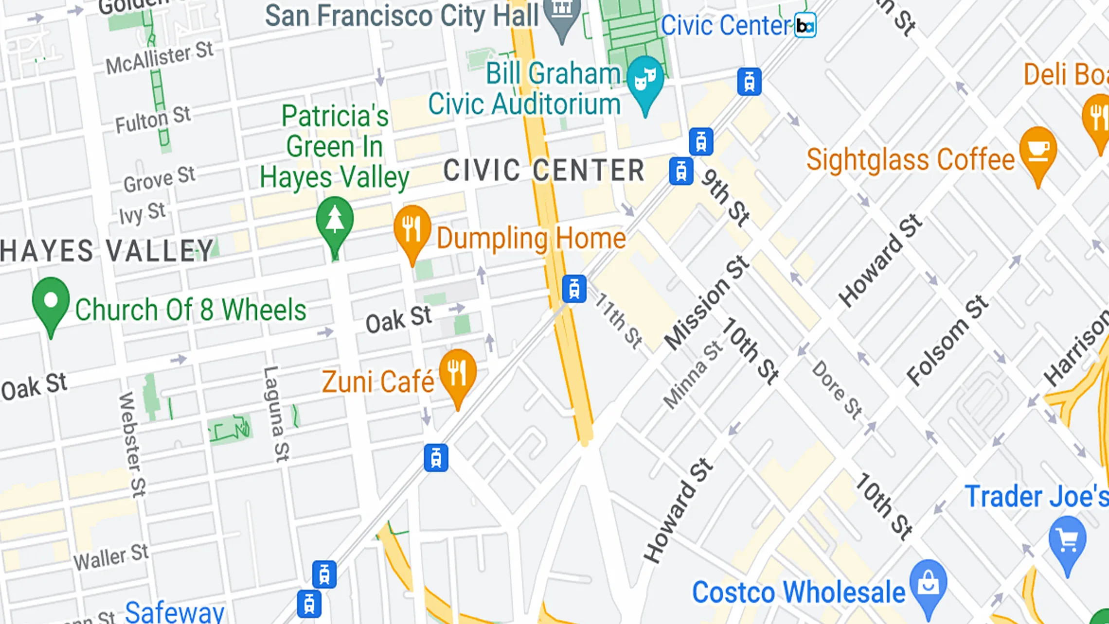Map of Civic Center and Hayes Valley neighborhoods in San Francisco, showing streets, parks, dining locations, and transit icons.