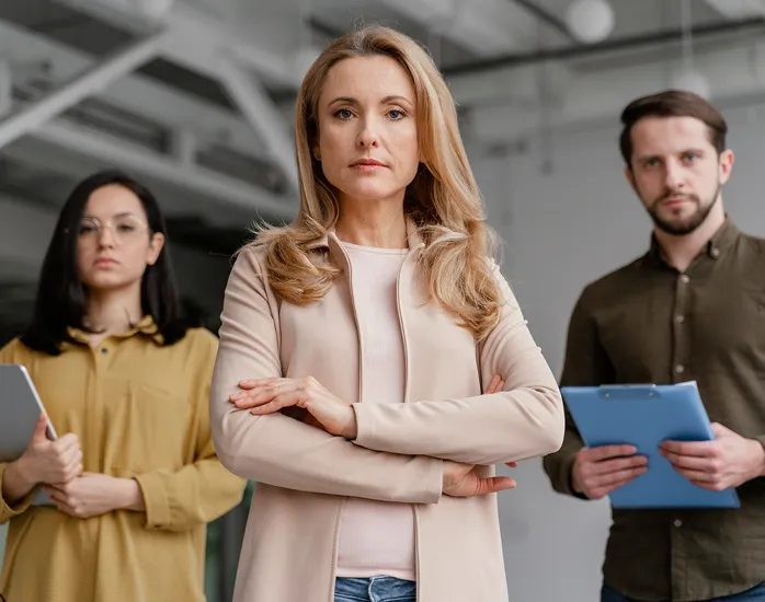 Confident middle-aged woman standing with arms crossed in front of two colleagues holding clipboards in an office setting.