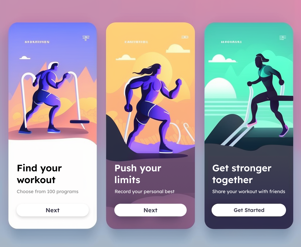 Three full-size onboarding screens for a fitness app with workout illustrations and product introduction texts
