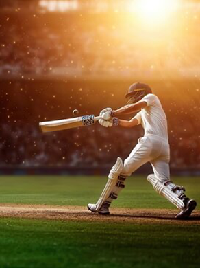 Action shot of a cricket player hitting the ball at velocity cricket. 