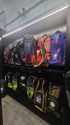 Pro gear shop at velocity cricket Mississauga, picture of bags.